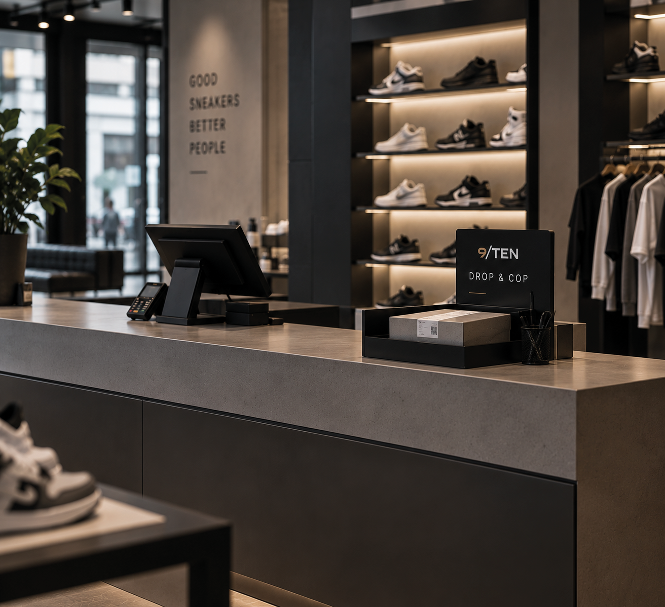 9/TEN Drop & Cop collection counter in a sneaker store
