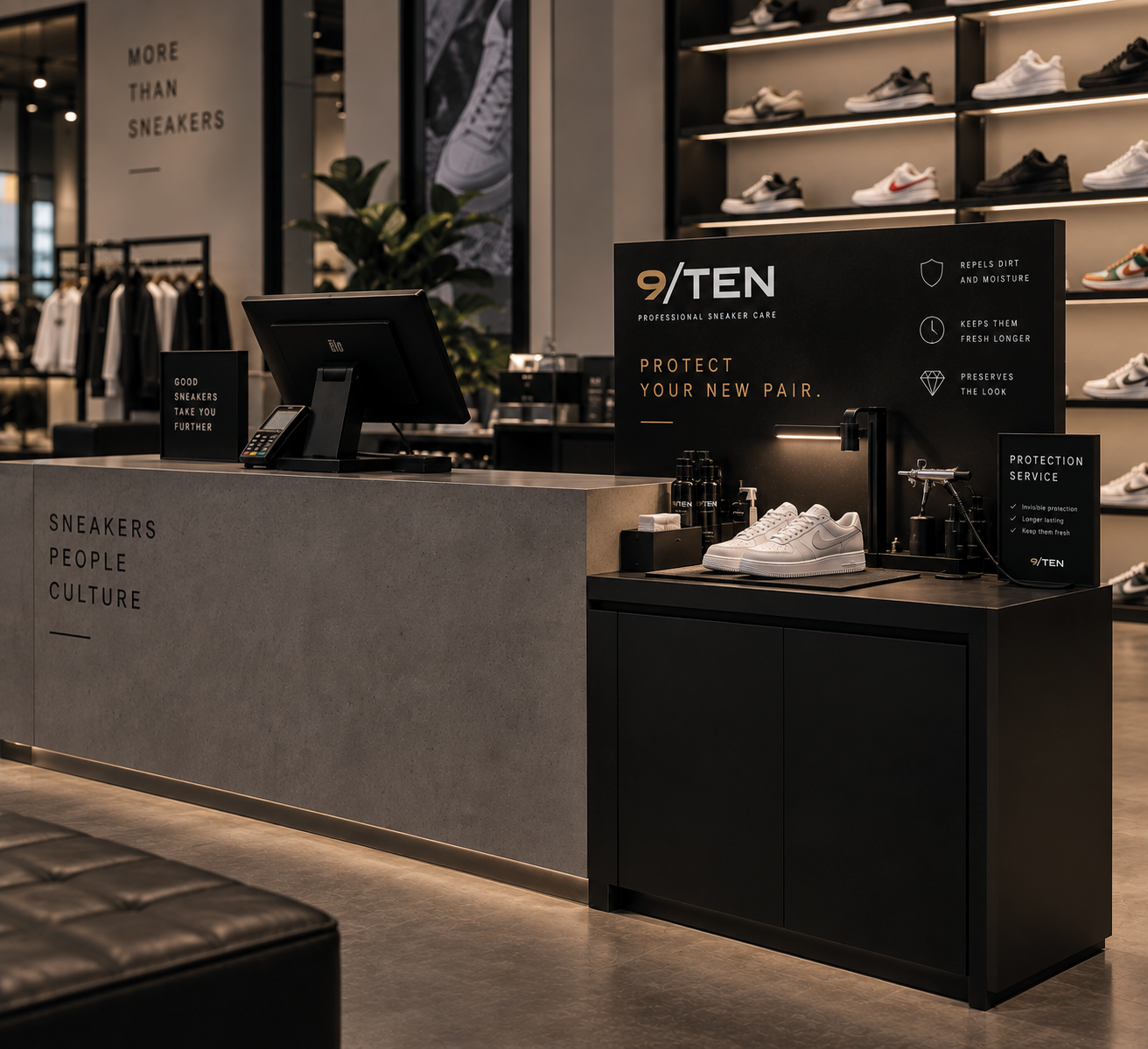 9/TEN sneaker protection station at a retail counter