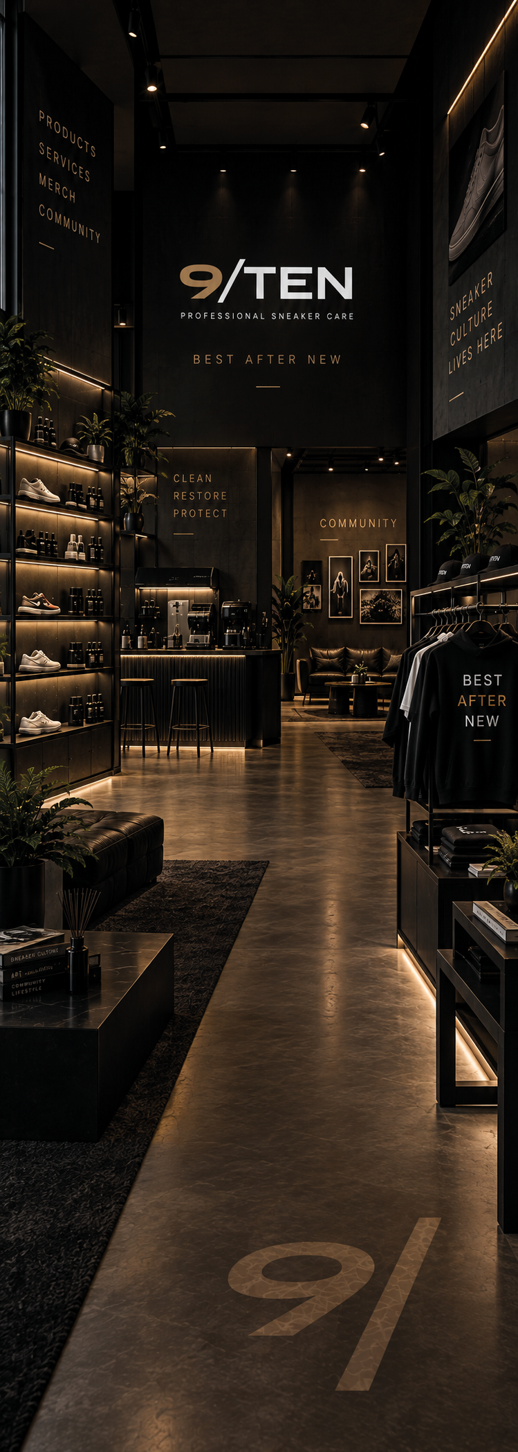 9/TEN Sneaker Home interior with sneaker displays and a lounge